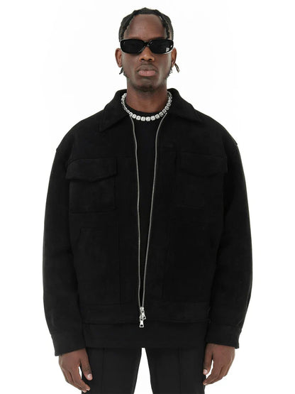 Men’s Jacket – Oversized Fit – Suede-Like Finish – Zip Front – Chest Flap Pockets