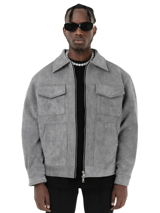 Men’s Jacket – Oversized Fit – Suede-Like Finish – Zip Front – Chest Flap Pockets