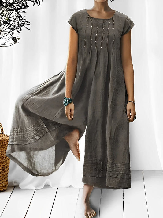 Women’s Jumpsuit – Relaxed Fit – Linen Blend – Cap Sleeve – Full Length – Boho Style