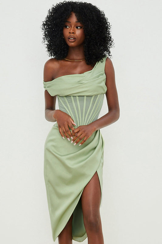 Women’s Midi Dress – Corset Bodice – Asymmetrical Draping – Off Shoulder Elegant Fit
