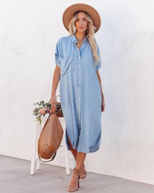 Women’s Shirt Dress – Relaxed Fit – Midi Length – Button Front – Breathable Blend