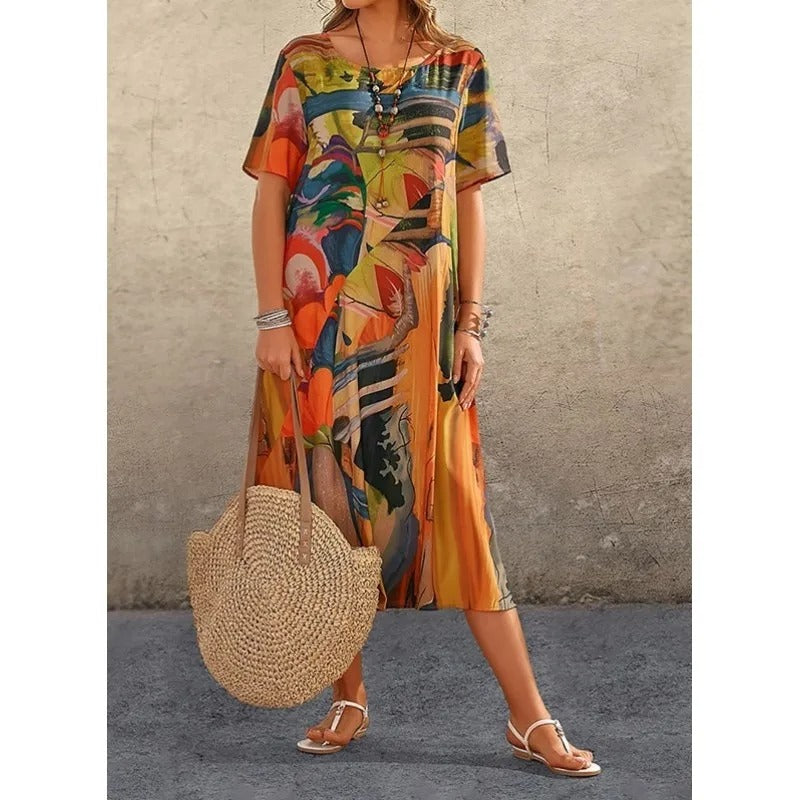 Wide summer dress with beautiful pattern for women