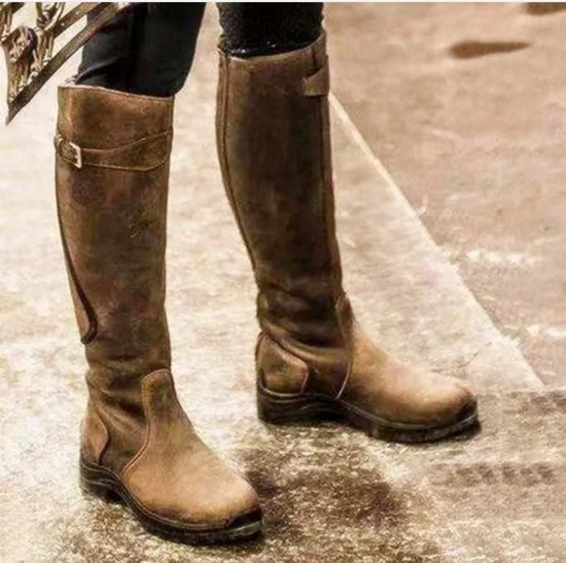 Women’s Knee-High Boots – Leather – Buckle Strap – Waterproof – Traction Sole