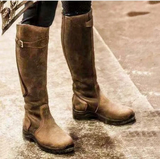 Women’s Knee-High Boots – Leather – Buckle Strap – Waterproof – Traction Sole