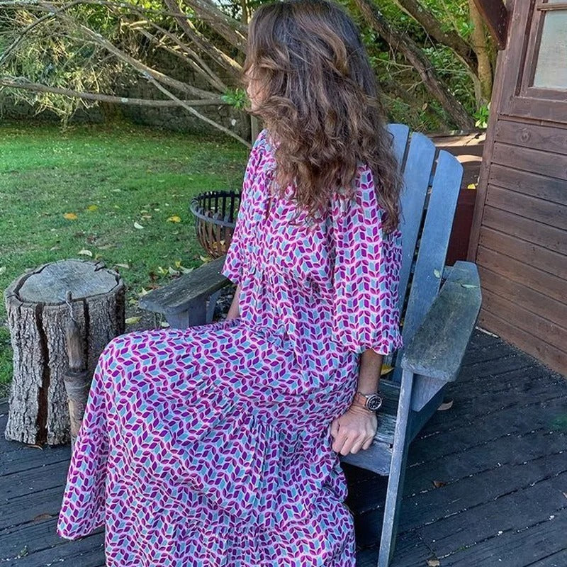 Women's Maxi Dress - Floral Print - Long Billowy Sleeves - Round Neck - Flowy Loose Fit