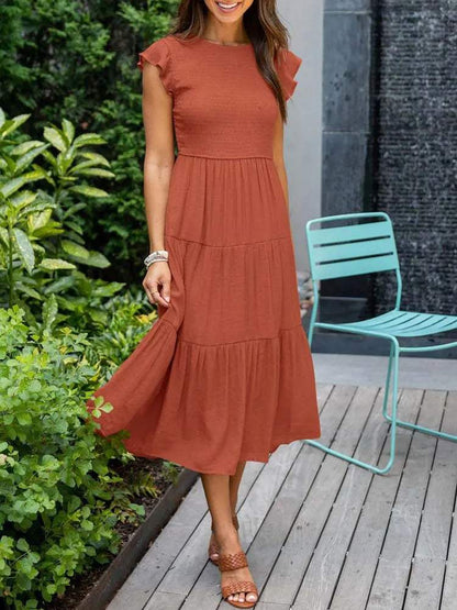 Women's Maxi Dress - Smocked Bodice - Cap Sleeves - Tiered Flowing Skirt - Lightweight Fit