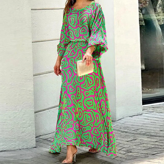 Women’s Maxi Dress – Relaxed Fit – Rounded Neck – Wide Sleeves – Breathable Blend