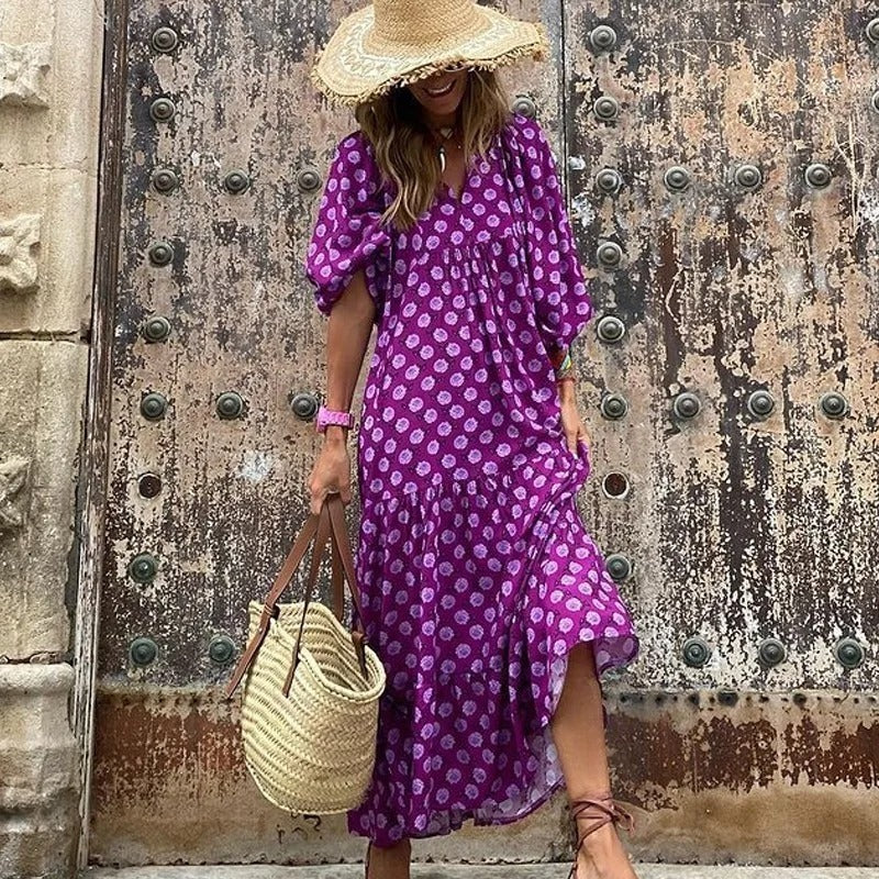 Women's Maxi Dress - Floral Print - Long Billowy Sleeves - Round Neck - Flowy Loose Fit