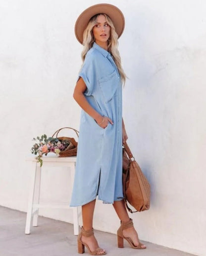 Women’s Shirt Dress – Relaxed Fit – Midi Length – Button Front – Breathable Blend