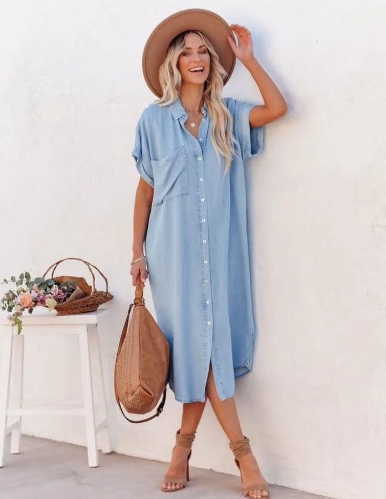 Women’s Shirt Dress – Relaxed Fit – Midi Length – Button Front – Breathable Blend