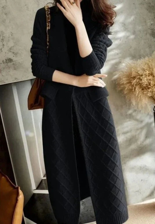Women’s Long Cardigan – Wool Knit – Relaxed Fit – Open Front – Textured Design