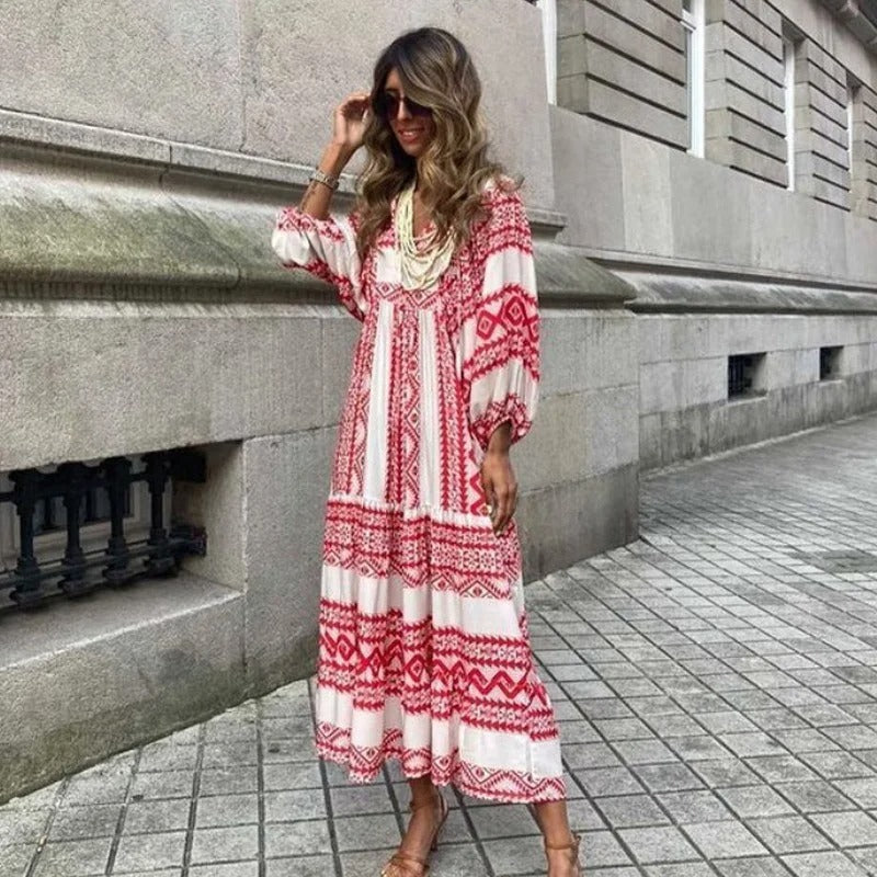 Women's Maxi Dress - Floral Print - Long Billowy Sleeves - Round Neck - Flowy Loose Fit