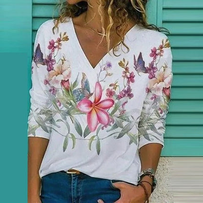 Women’s V-Neck Blouse – Loose Fit – Breathable Fabric – 3/4 Sleeve Floral Print