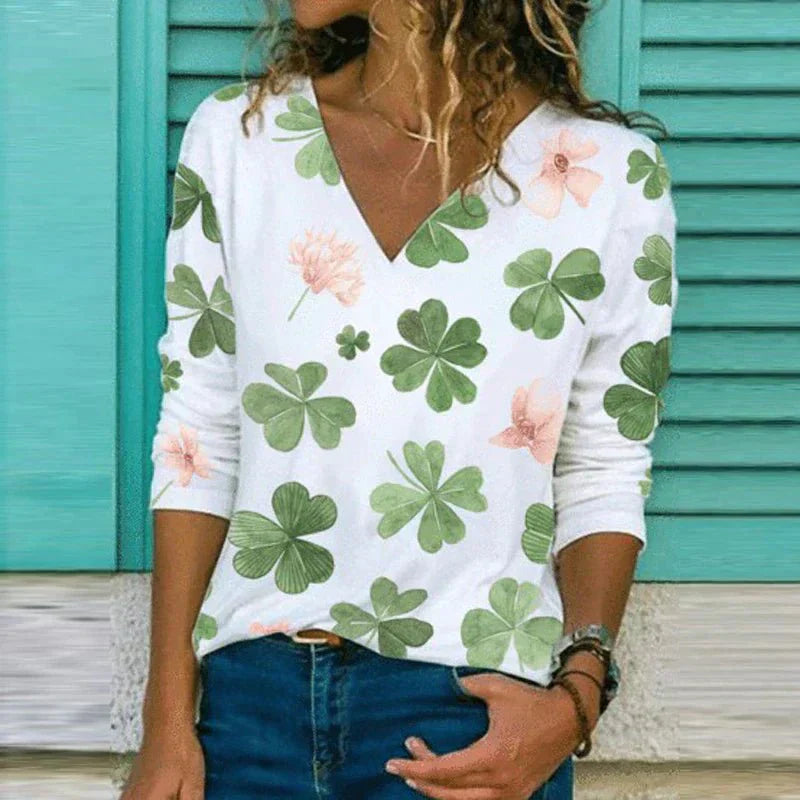 Women’s V-Neck Blouse – Loose Fit – Breathable Fabric – 3/4 Sleeve Floral Print
