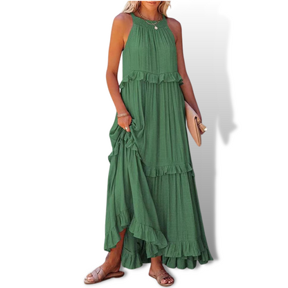 Women’s Maxi Dress – Relaxed Fit – Halter Neck – Ruffle Tiered Skirt – Natural Fibers