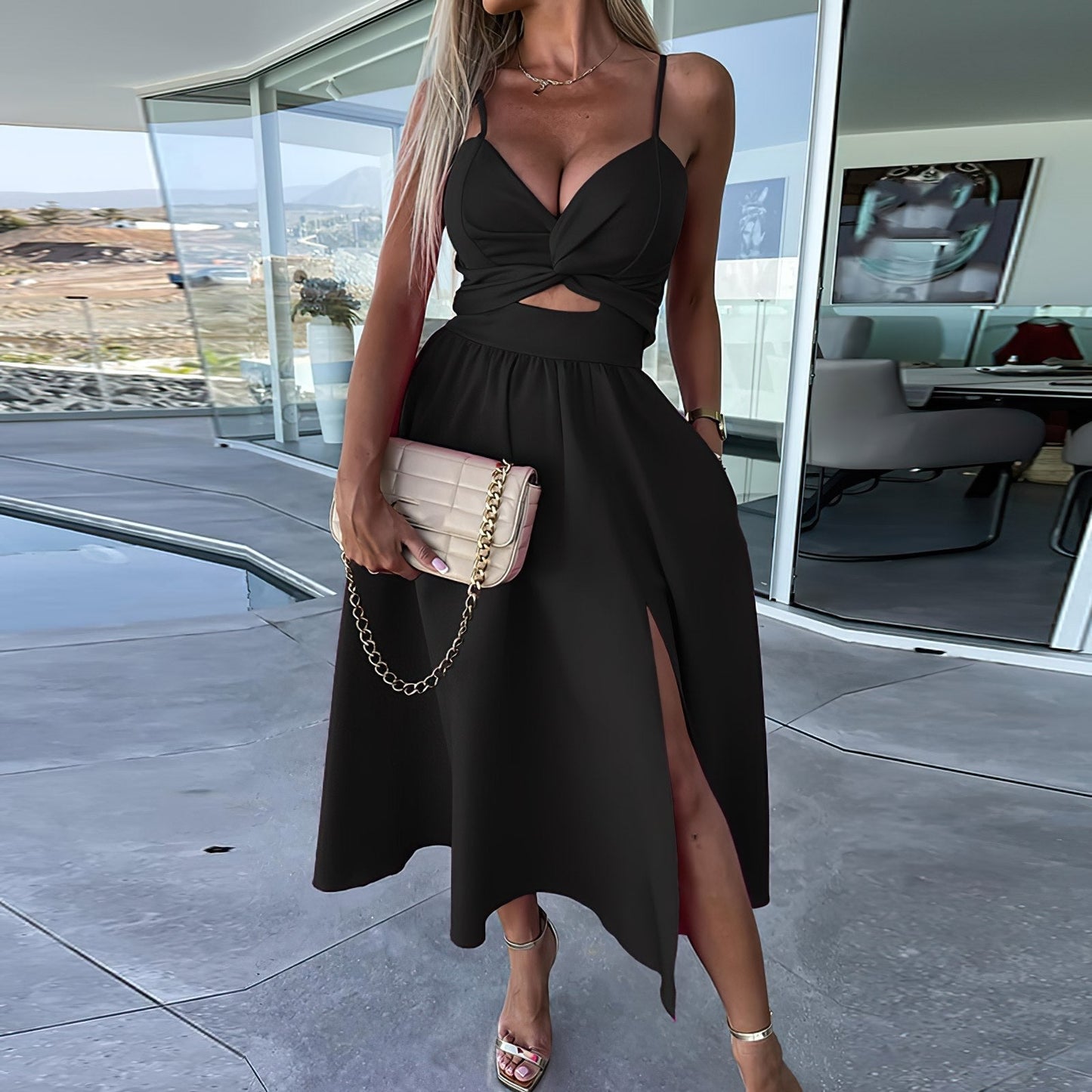 Women's Midi Dress - Satin Finish - Twisted Front Cut-Out - Spaghetti Straps - A-Line Slit