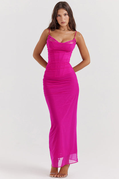 Women’s Maxi Dress – Fitted Silhouette – Chiffon Blend – Spaghetti Straps – Zip Closure