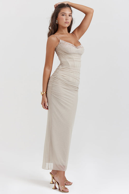 Women’s Maxi Dress – Fitted Silhouette – Chiffon Blend – Spaghetti Straps – Zip Closure