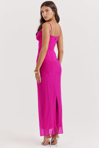 Women’s Maxi Dress – Fitted Silhouette – Chiffon Blend – Spaghetti Straps – Zip Closure