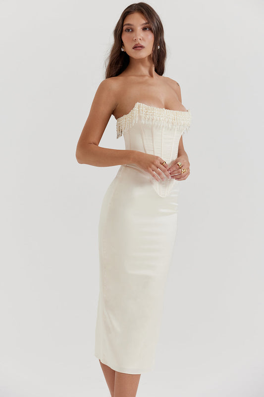 Women’s Strapless Dress – Satin-Like Finish – Lace-Up Back – Midi Length – Vintage Fit