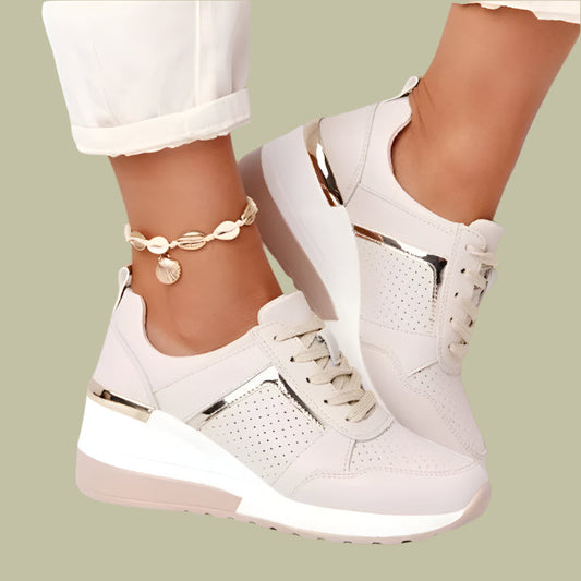 Women’s Sneakers – Wedge Heel – Perforated Sides – Metallic Trim – Lace-Up Casual Fit