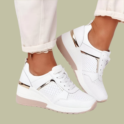Women’s Sneakers – Wedge Heel – Perforated Sides – Metallic Trim – Lace-Up Casual Fit