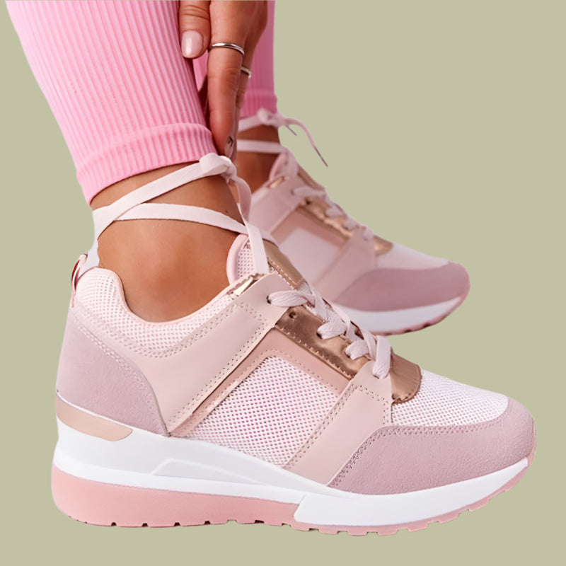 Women’s Sneakers – Wedge Heel – Perforated Sides – Metallic Trim – Lace-Up Casual Fit