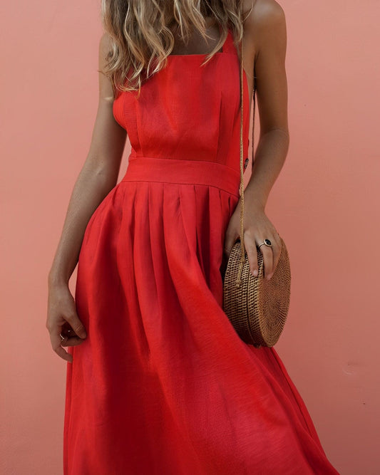 Women's Midi Dress - Halter Neck - Open Back - A-Line Silhouette - Button Detail