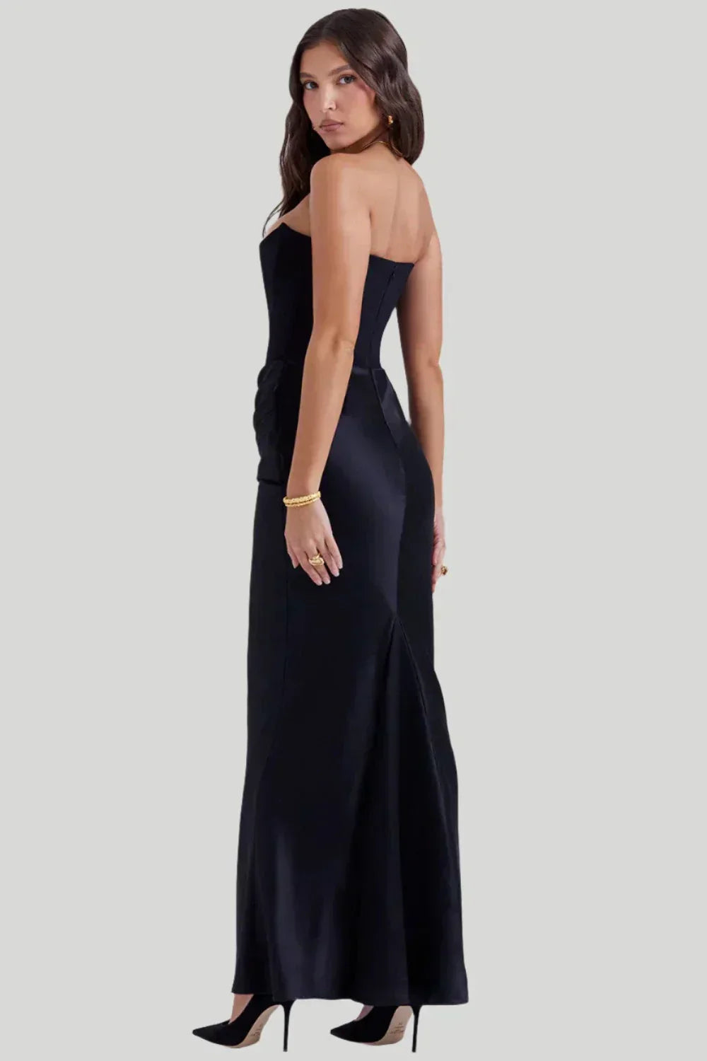 Women’s Maxi Dress – Strapless Satin Look – Form-Fitting Silhouette – Draped Waist