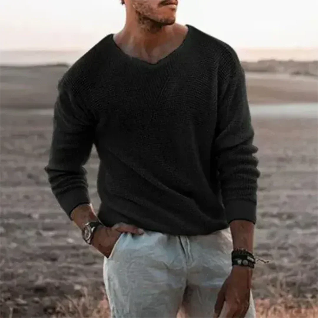Men’s Pullover Sweater – Relaxed Fit – Soft Knit – V-Neck – Ribbed Cuffs
