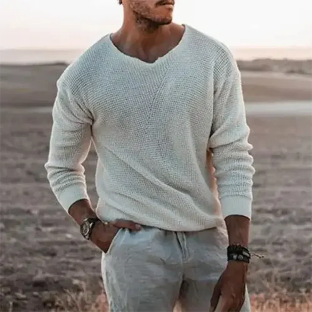Men’s Pullover Sweater – Relaxed Fit – Soft Knit – V-Neck – Ribbed Cuffs
