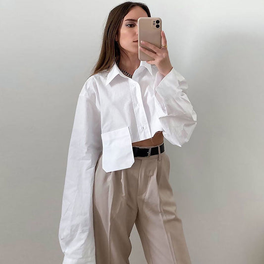 Women’s Cropped Button-Down Shirt – Oversized Fit – Balloon Sleeves – Cotton – Asymmetrical Hem
