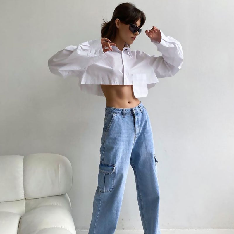 Women’s Cropped Button-Down Shirt – Oversized Fit – Balloon Sleeves – Cotton – Asymmetrical Hem