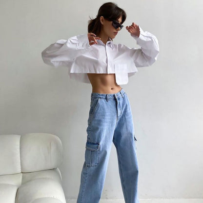 Women’s Cropped Button-Down Shirt – Oversized Fit – Balloon Sleeves – Cotton – Asymmetrical Hem
