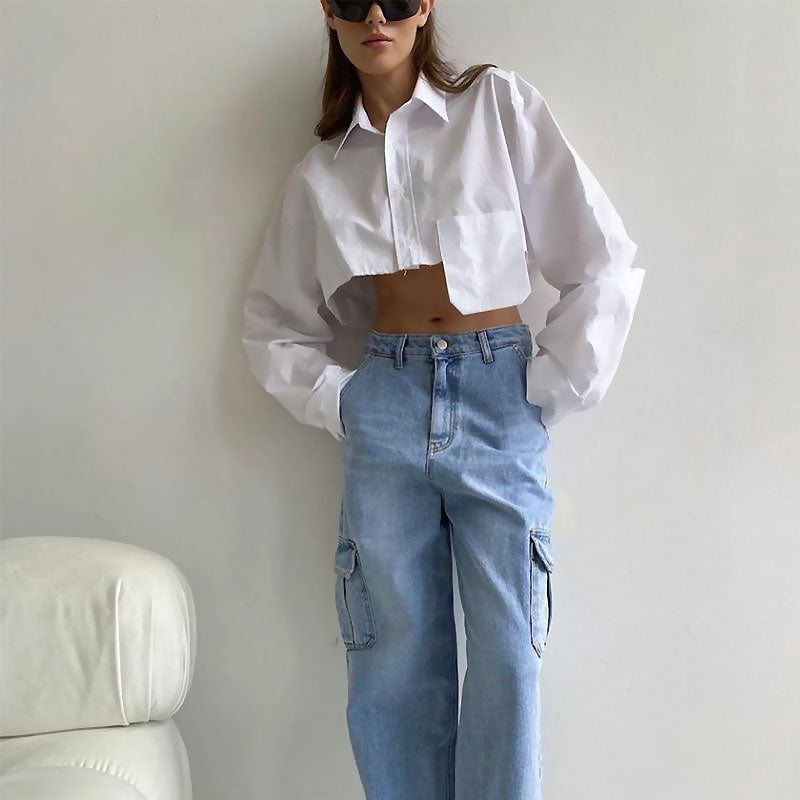 Women’s Cropped Button-Down Shirt – Oversized Fit – Balloon Sleeves – Cotton – Asymmetrical Hem