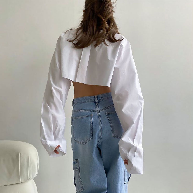 Women’s Cropped Button-Down Shirt – Oversized Fit – Balloon Sleeves – Cotton – Asymmetrical Hem