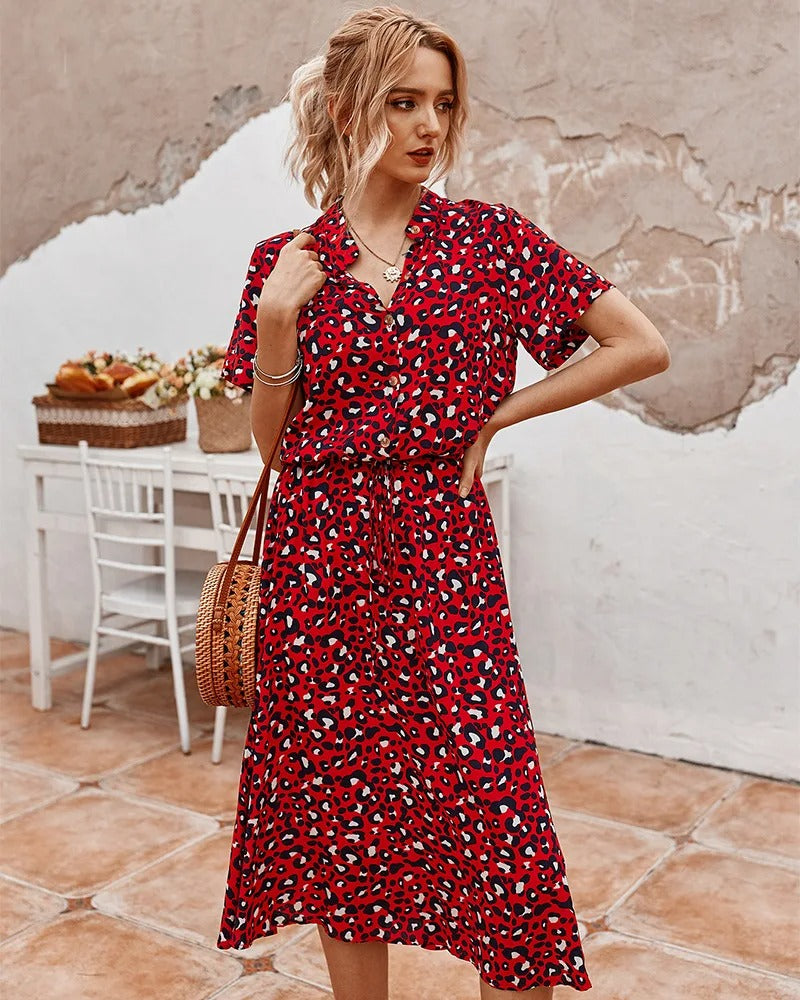 Women’s Midi Dress – Relaxed Fit – Breathable Blend – Button Front – Waist Tie