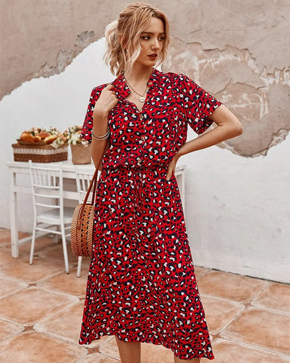 Women’s Midi Dress – Relaxed Fit – Breathable Blend – Button Front – Waist Tie
