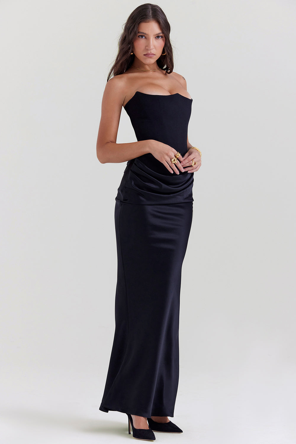 Women’s Maxi Dress – Strapless Satin – Corset Bodice – Slim Fit Formal Gown