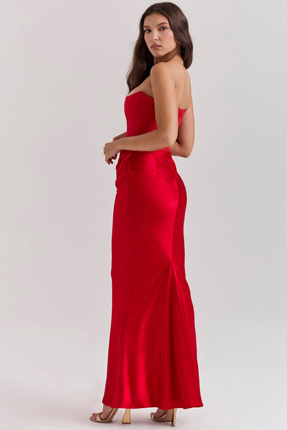 Women’s Maxi Dress – Strapless Satin – Corset Bodice – Slim Fit Formal Gown