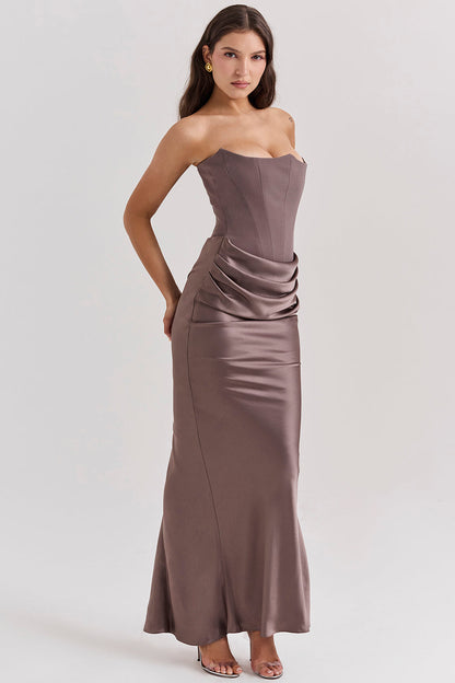 Women’s Maxi Dress – Strapless Satin – Corset Bodice – Slim Fit Formal Gown