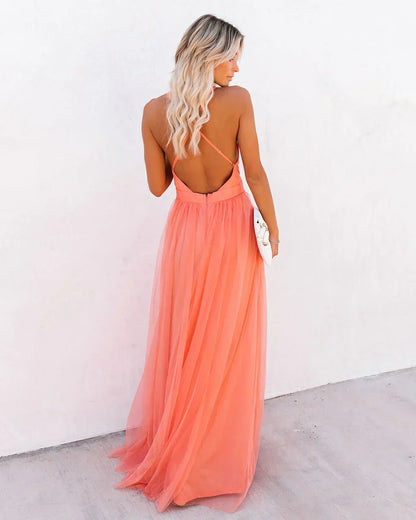 Women’s Long Dress – Chiffon Feel – V-Neck – Spaghetti Straps – Formal Fit