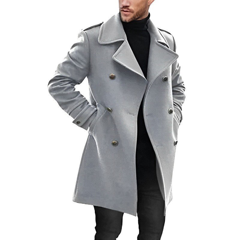 Men’s Mid-Length Coat – Tailored Fit – Double-Breasted – Structured Formal Style