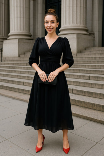 Women’s Evening Dress – V-Neck – A-Line Silhouette – Silk – Midi Length – 3/4 Sleeve