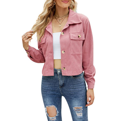 Women’s Corduroy Jacket - Cropped Relaxed Fit - Button-Up - Chest Flap Pockets