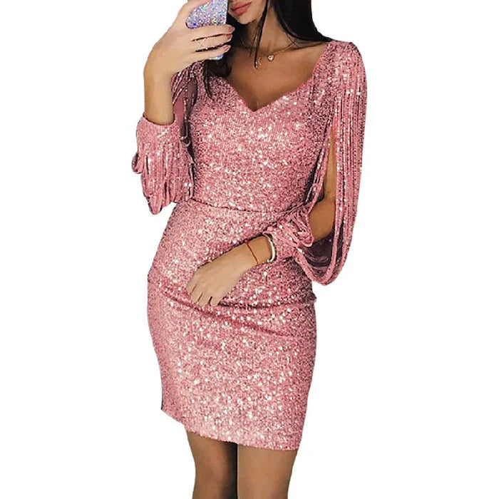 Women's Sequin Mini Dress - Bodycon Fit - V-Neck - Long Sleeve with Slit Detail