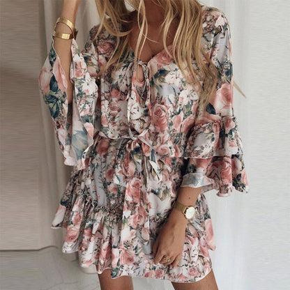 Women’s Romper – Relaxed Fit – Flared Sleeves – Floral Print – Ruffle Hem – Boho Style
