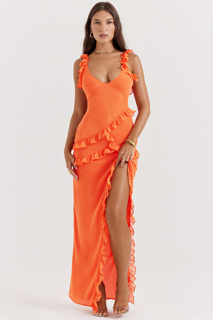 Women’s Maxi Dress – Slim Fit – Deep V-Neck – Ruffled Detail – High Slit – Sleeveless