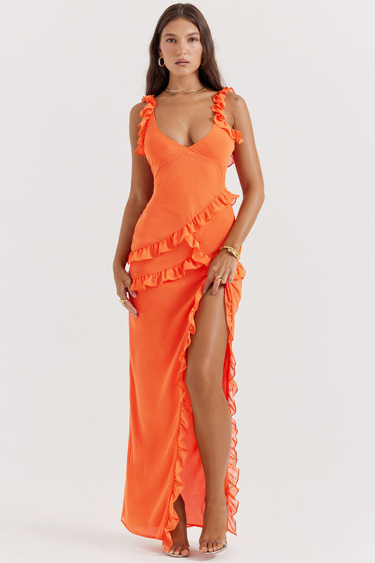 Women’s Maxi Dress – Slim Fit – Deep V-Neck – Ruffled Detail – High Slit – Sleeveless