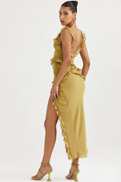 Women’s Maxi Dress – Slim Fit – Deep V-Neck – Ruffled Detail – High Slit – Sleeveless